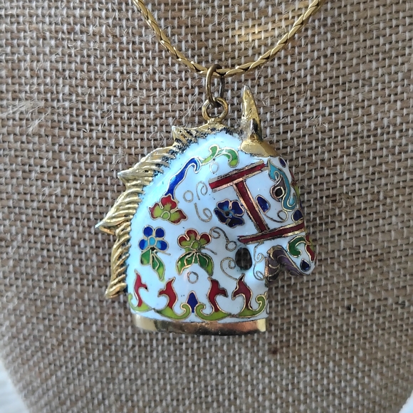 Cloisonne Unicorn Necklace Pendant - Picture 1 of 8